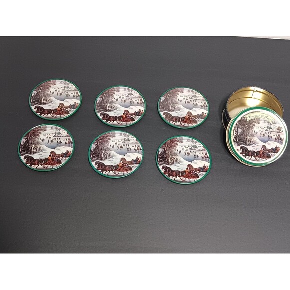 Vintage Currier & Ives Coasters in Original Tin – Winter Sleigh Ride Scene - Picture 4 of 9